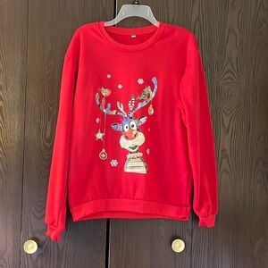 No brand red holiday sweatshirt. Reindeer on front. Size Large. NWOT